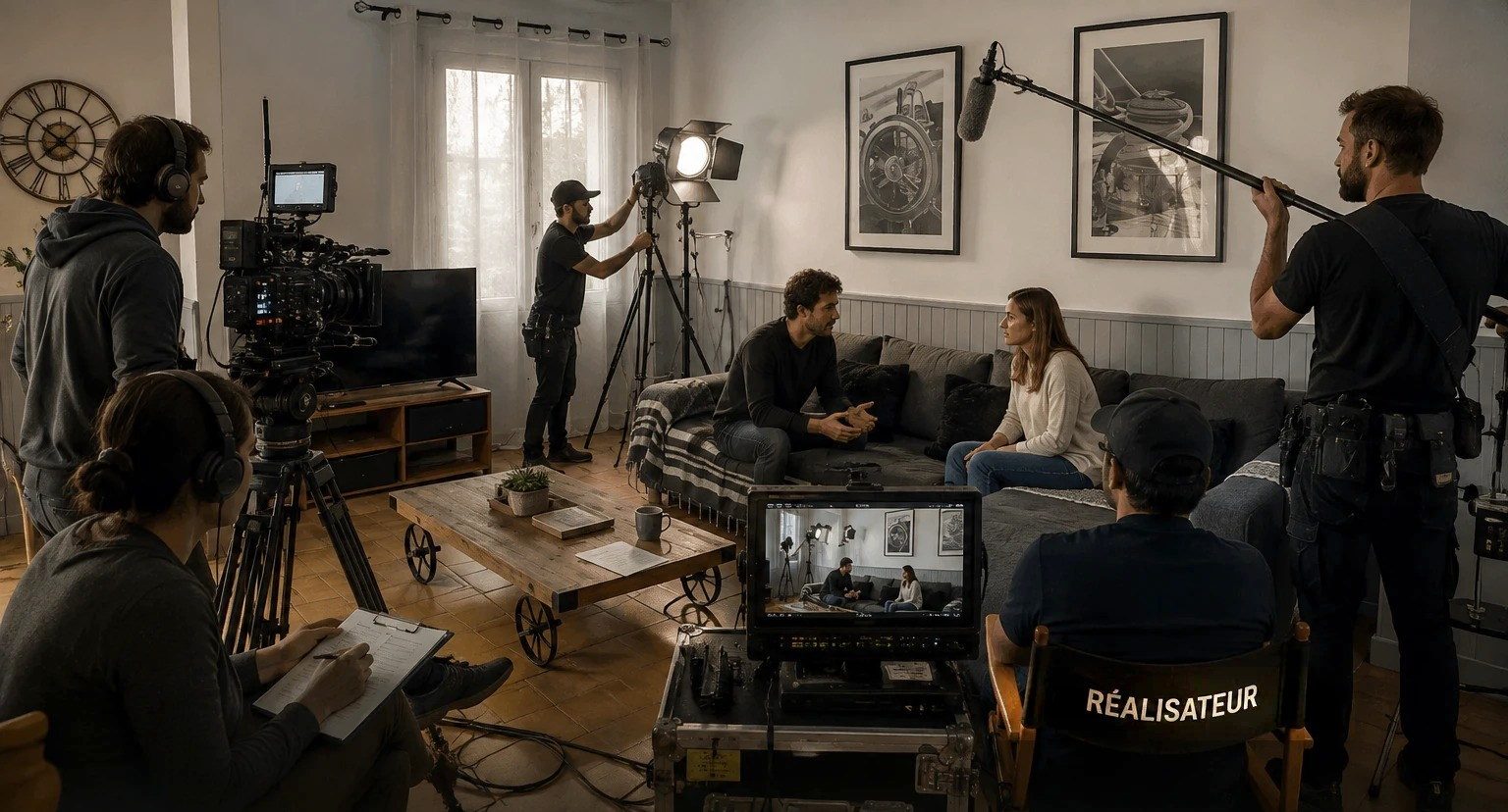 Tournage de film dans le salon d&rsquo;une maison à Agde, décor de cinéma et location pour production